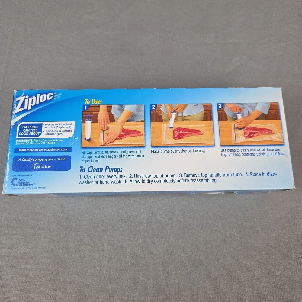 Ziploc Vacuum Starter Kit Hand Pump 3 Freezer Quart Bags New In Box Discontinued